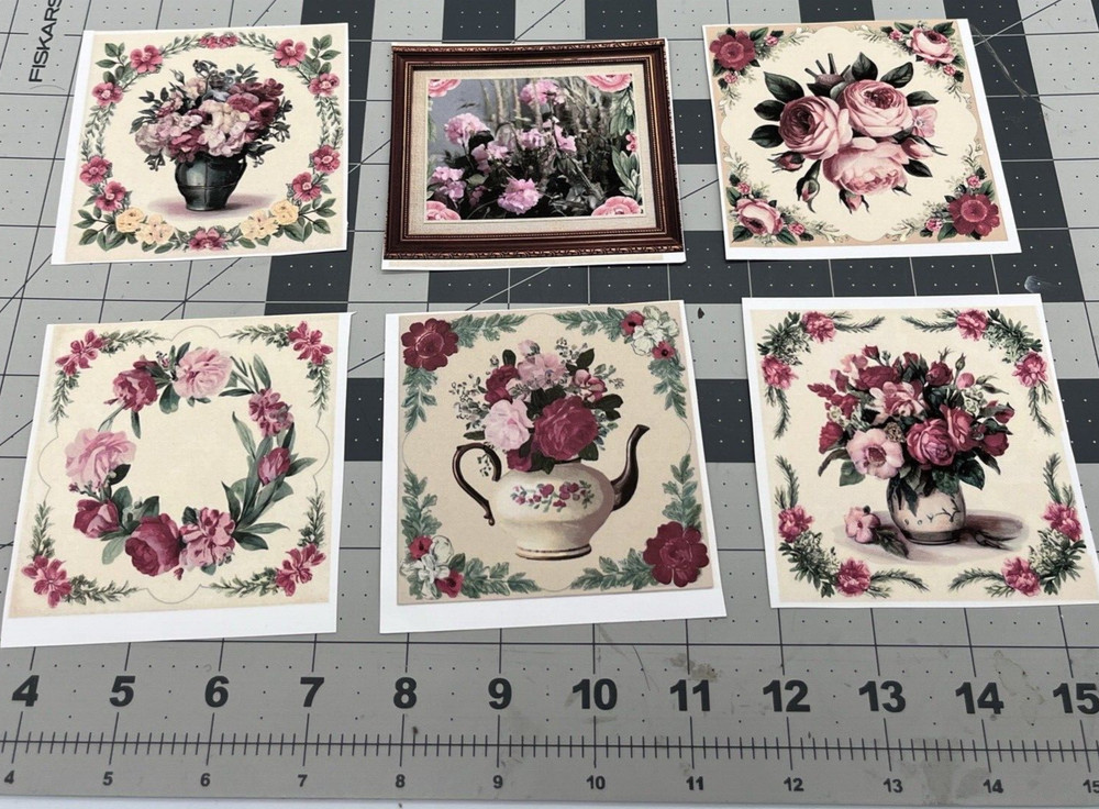 6 Vintage Pink Floral Card Toppers Collage Supplies Scrapbooks Junk Journal