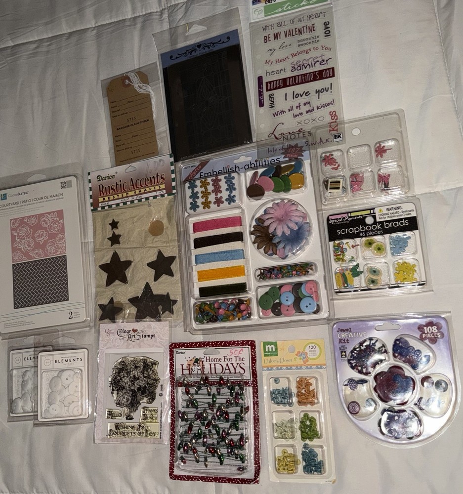 Scrapbooking Craft Lot Of Embellishments NEW Stickers, Brads, Misc Mixed Lot