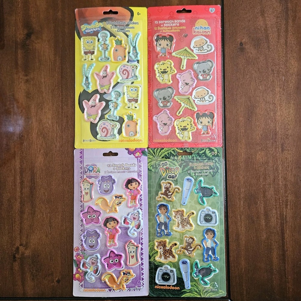 Vtg 2010 Nickelodeon Stickers Stretch Bands Lot SpongeBob, Kai-Lan, Dora, Diego