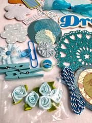 Teal Blue LG lot scrapbook planner journal junk collage ephemera Prima Flowers
