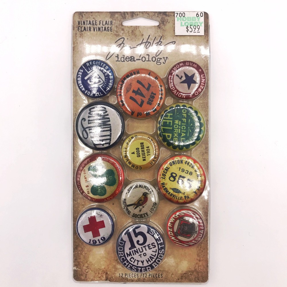 Tim Holtz Idea-ology Vintage Flair Buttons Sealed 12pc Scrapbook Ephemera