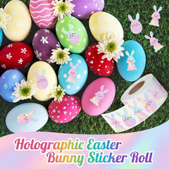 600Pcs Easter Stickers Roll for Kids Holographic Bunny Rabbit Egg Shaped Self Ad