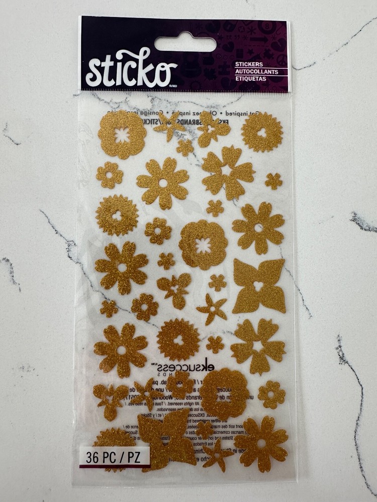 Sticko Autocollant 36 PC Gold Glitter Flowers Various Sizes Scrapbooking Cards