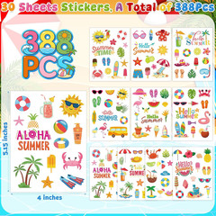 30 Sheets Summer Stickers, Adhesive 388Pcs Ocean Beach Stickers Bulk for Summer