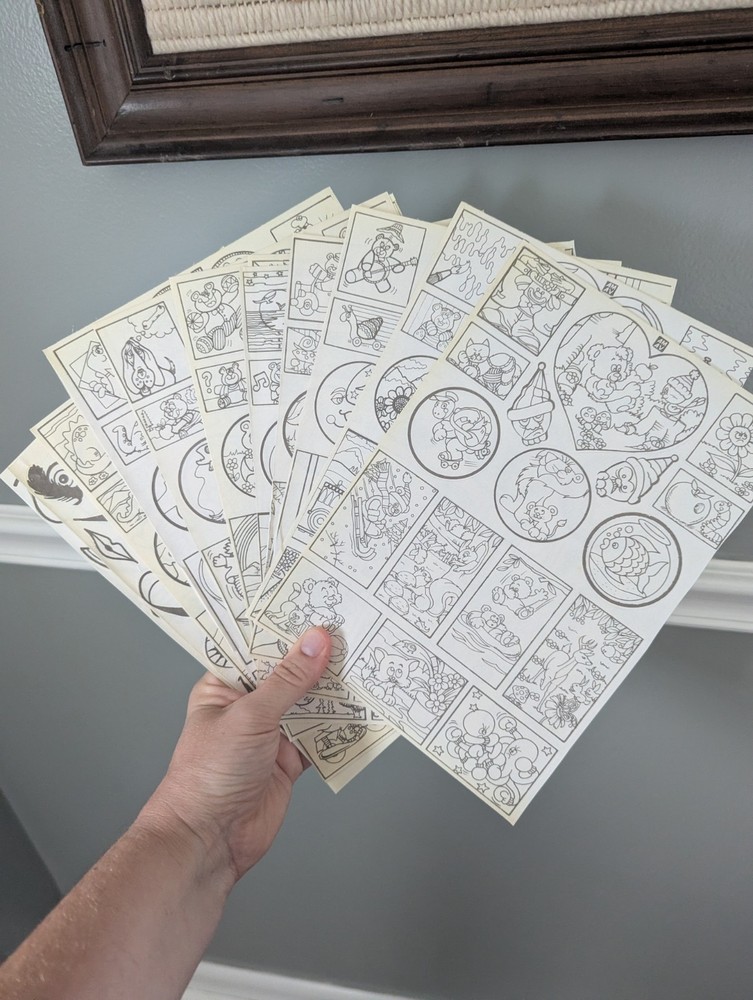 Vintage 80s Color Your Own Stickers Sheets Lot Of 13 Pgs Rainbows Bears Unicorns
