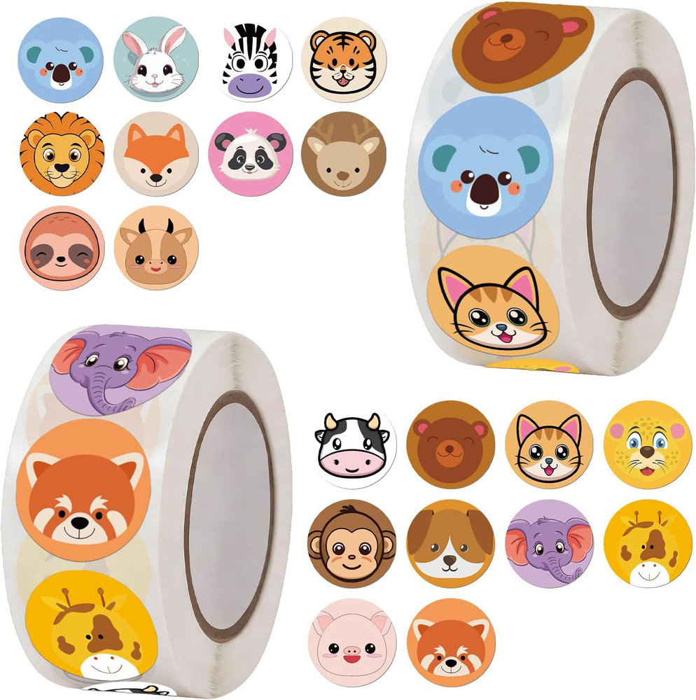 1000Pcs Animal Reward Stickers Roll, Waterproof Cute Cartoon Zoo Decals