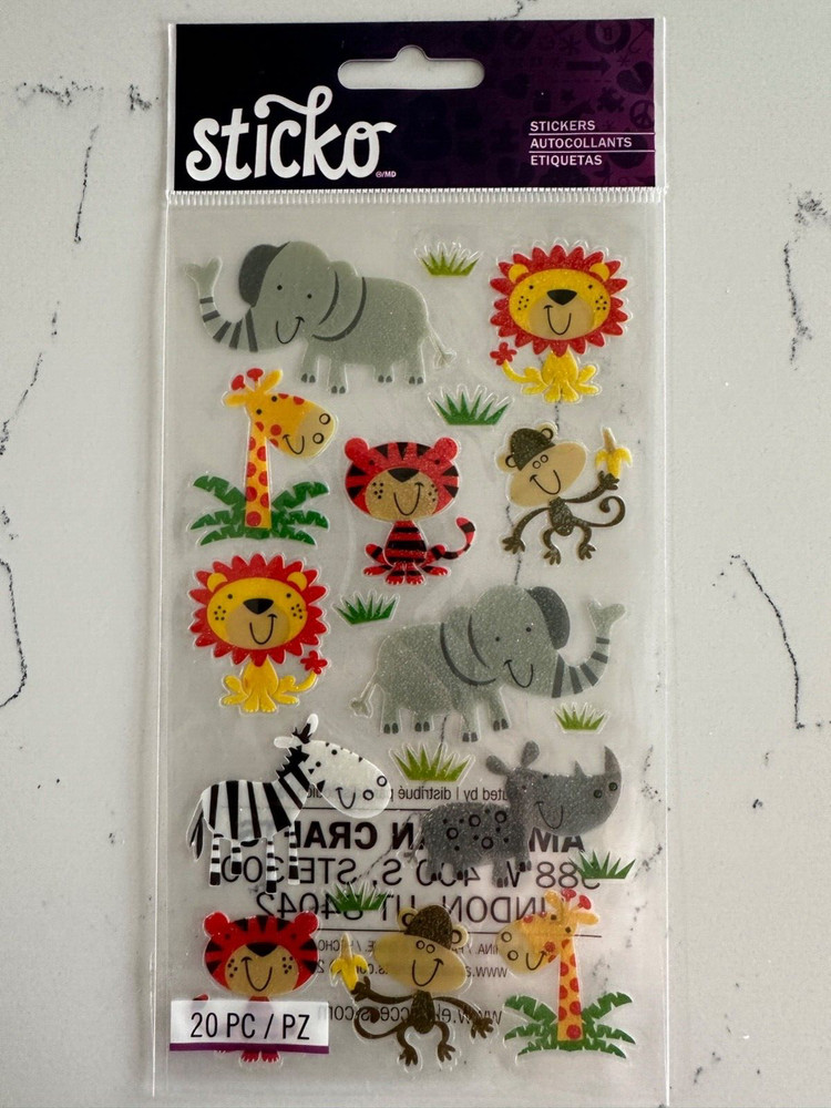 Sticko Autocollant Zoo Cuties Stickers Zebra Rhino Tiger Monkey Elephant Lion