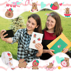 Capybara Stickers Roll, 1000Pcs Cute Animal Stickers for Kids 8 Patterns Strawbe