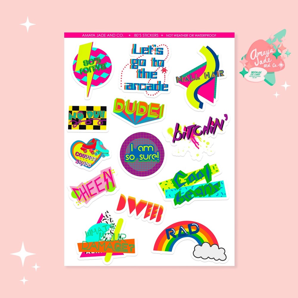 New 80s Slang Sticker Sheet Retro Nostalgia for Scrapbooking or Party Favors