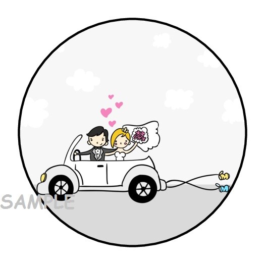 30 WEDDING BRIDE AND GROOM IN CAR ENVELOPE SEALS LABELS STICKERS 1.5″ ROUND