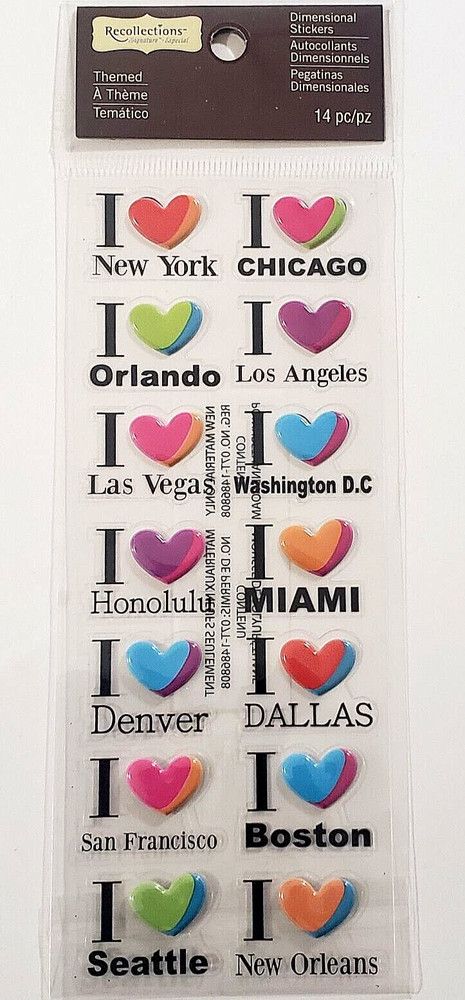 Recollections Signature Dimensional Stickers – I ‘HEART’ U.S. CITIES – 14 pcs