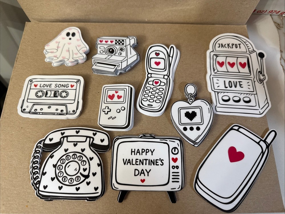 Retro Valentine Sticker Lot. Y2K Tech, Cassette, Flip Phone, Gameboy, Love Icons