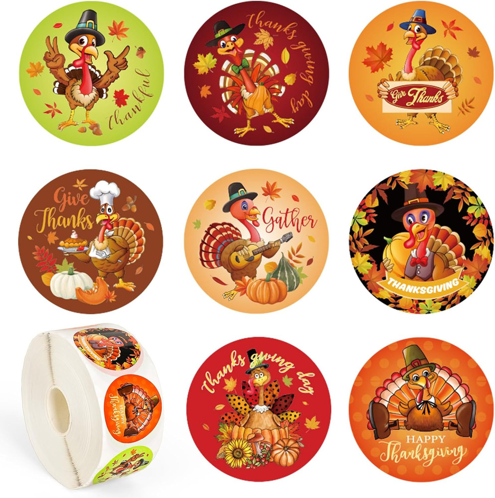 1000 PCS Thanksgiving Turkey Stickers Roll – 8 Designs Self-Adhesive Paper Decal