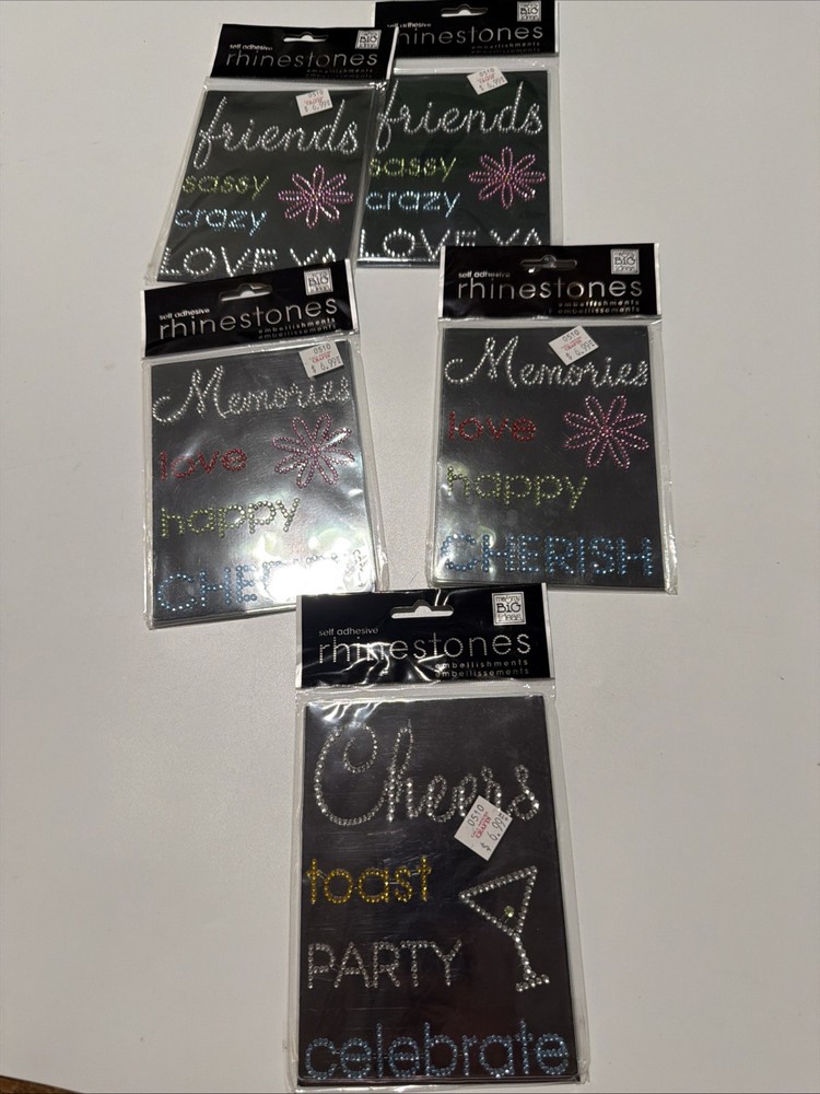 Lot Of 5 Self Adhesive Love Happy Cherish Cheers Toast Party Rhinestones