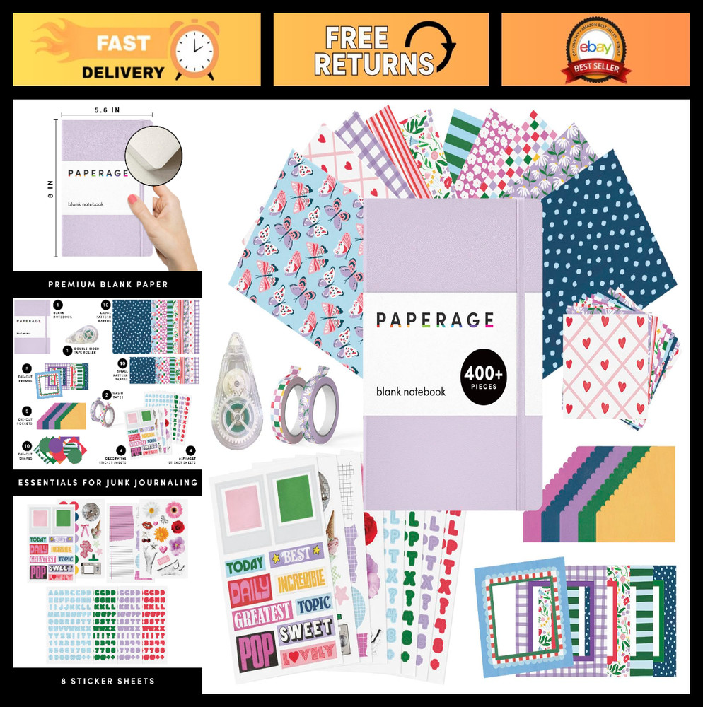 Creative Junk Journal & Scrapbook Kit – Blank Hardcover Notebook, 20 Patterns, S