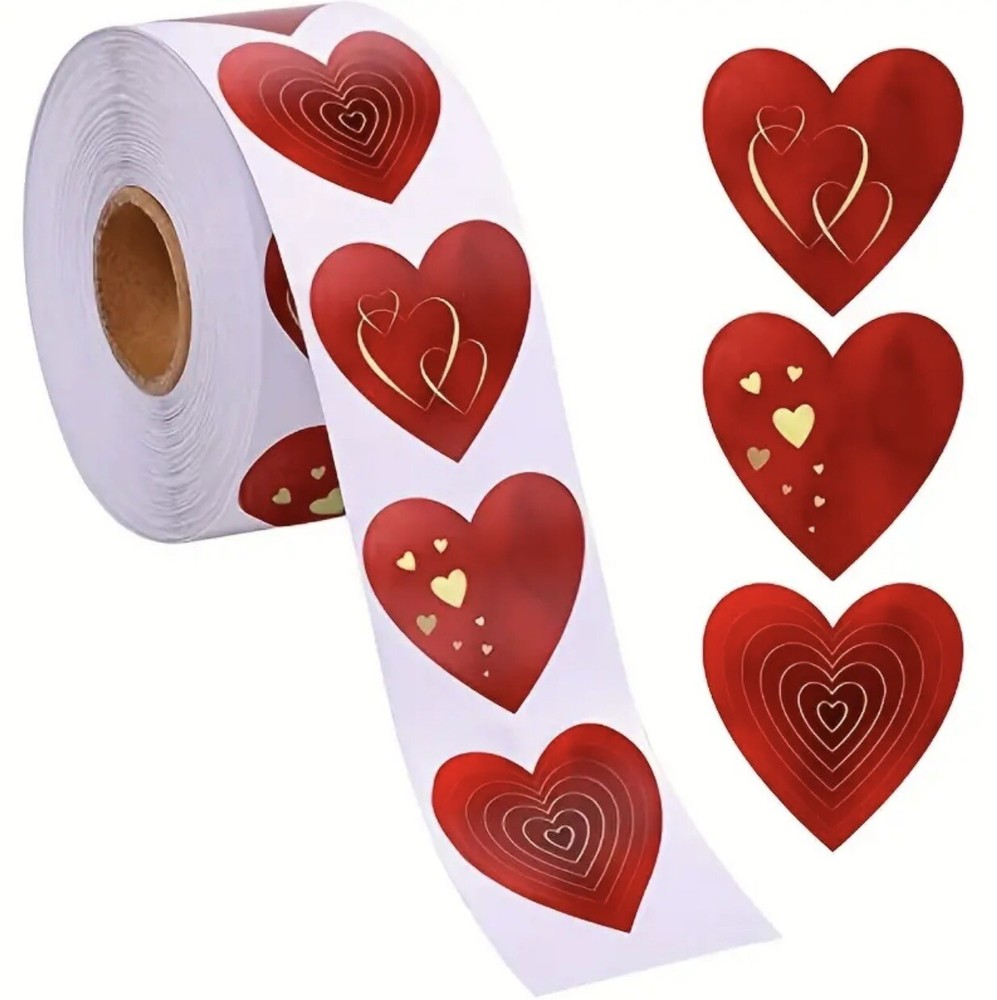500 pcs Sticker Seals Roll Red Heart Semi Gloss Self Adhesive All Purpose
