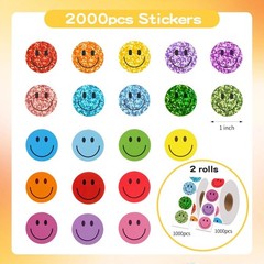 2000 Pcs Rainbow Glitter & Colorful Smile Face Stickers – 1 Inch Happy Face Rewa