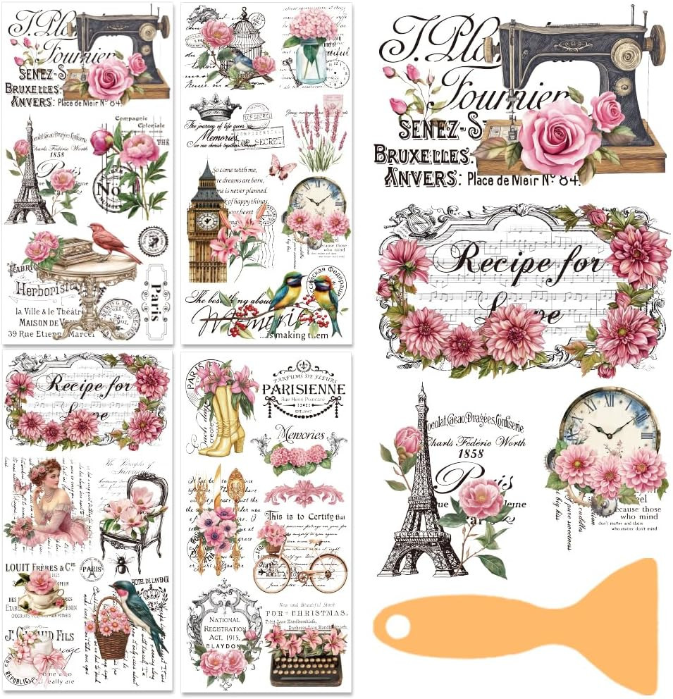 4 Sheets Flower Rub on Transfers for Crafts Vintage Floral Rub on Transfer Stick