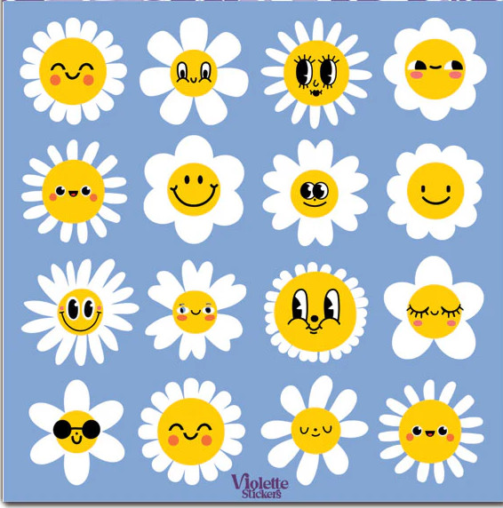 Violette Stickers Happy Blue Daisy Smile Face Flowers Crafts Planner Supply
