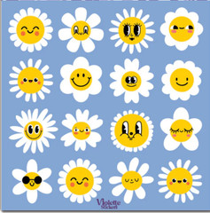 Violette Stickers Happy Blue Daisy Smile Face Flowers Crafts Planner Supply