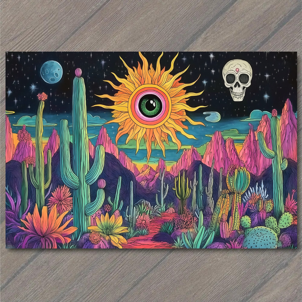 STICKER Cactus Desert Eye Sun Trippy Surreal Art Sky Mountains Pink Green