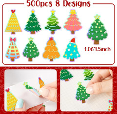 500Pcs Christmas Tree Stickers Roll Holographic Laser Xmas Pine Tree Buffalo Pla
