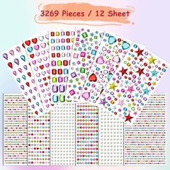 JAMIEWIN 3269pcs Gems Stickers Jewels for Craft 12 Sheets, Self Multicolor