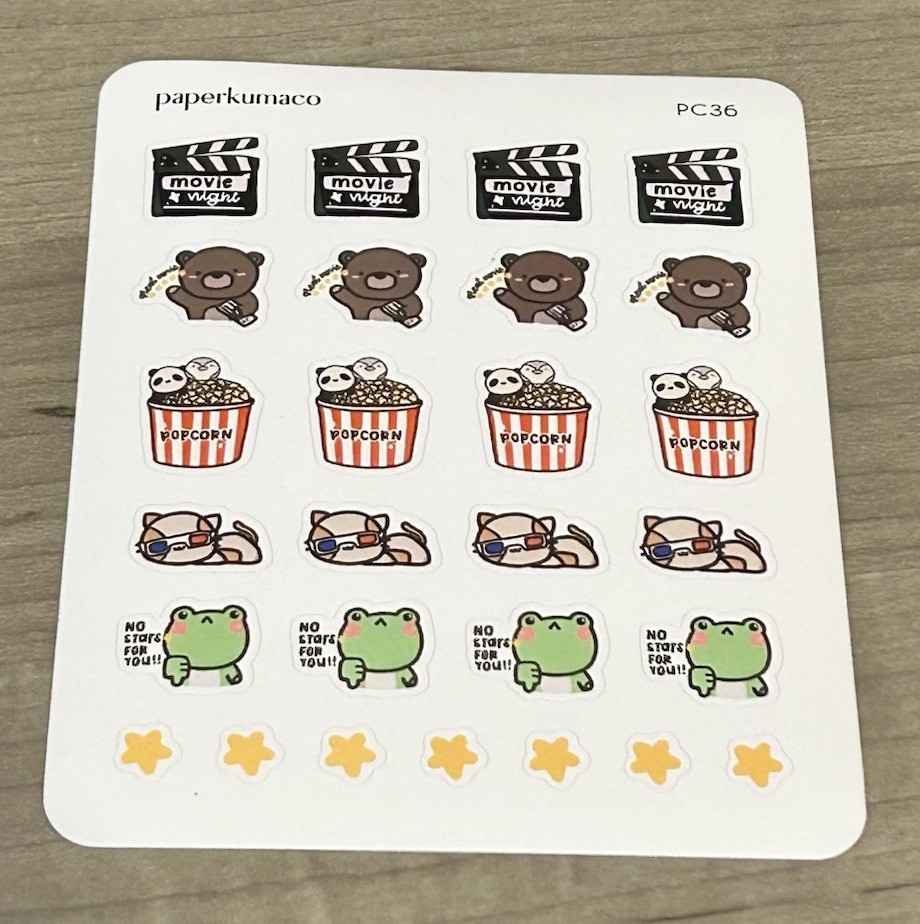 NEW PaperKumaCo “Movie Night” Sticker Sheet Paper Kuma Co PKC Stickers