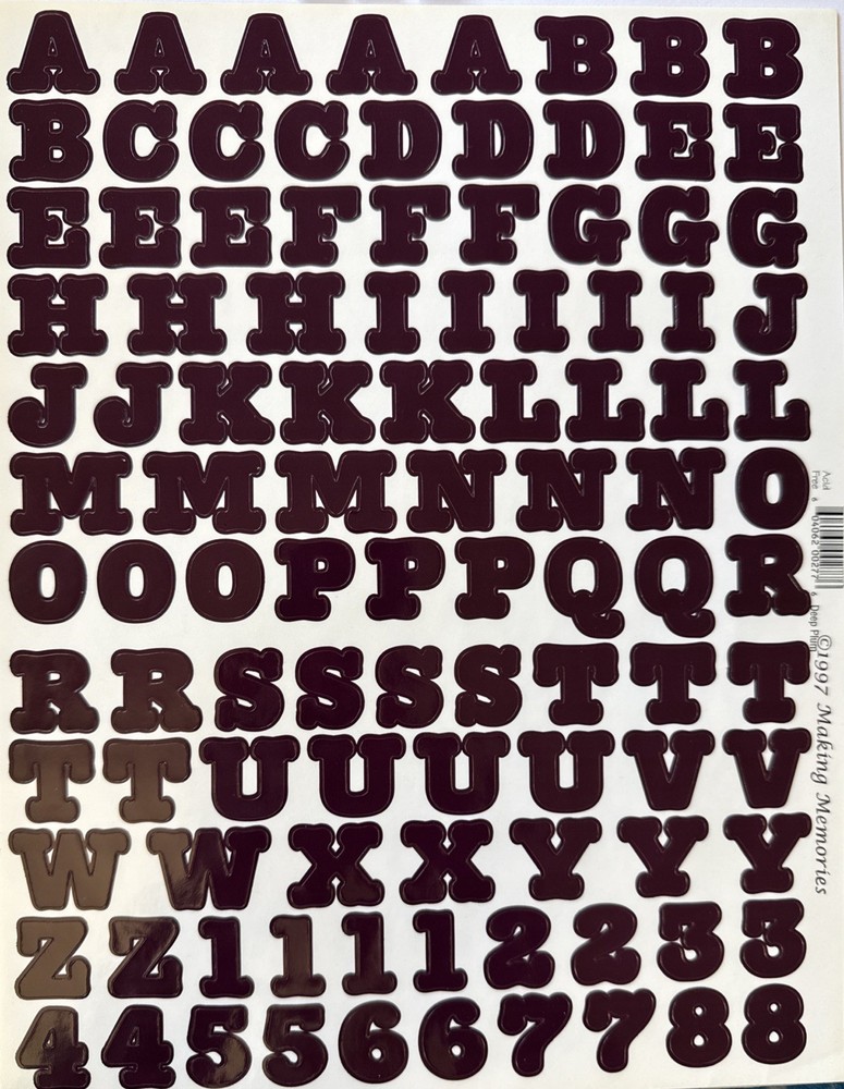 DEEP PLUM 3/4” ALPHABET Stickers(2 sheet)Making Memories •Letters•Numbers•Words•