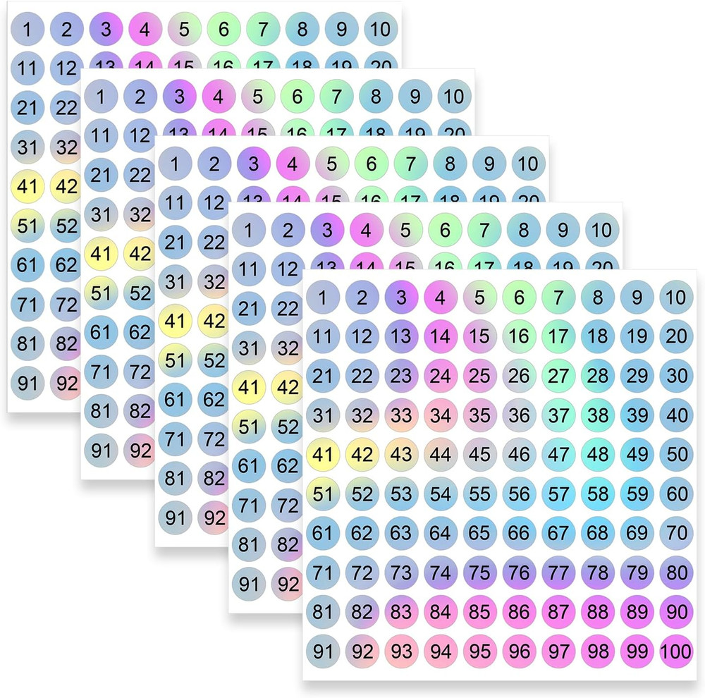 5 Sheets round Reflective Numbered Sticker Small, Color Consecutive Number Stick