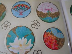Floral Fans Asian Inspired Round Sticker Seals Vintage Hallmark Two Sheets GUC