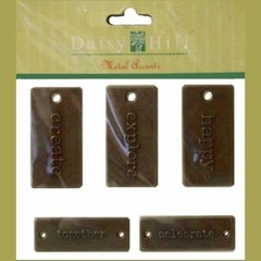 2 SETS DAISY HILL METAL ACCENTS – EMBOSSED TAGS CREATE EXPLORE HAPPY CELEBRATE