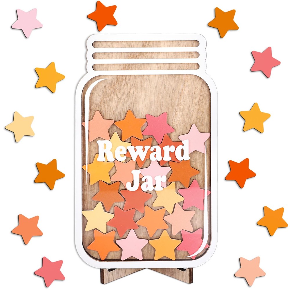 39 Pcs Boho Star Wooden Reward Jar Pink Orange Star Wood Cutouts with Magneti…