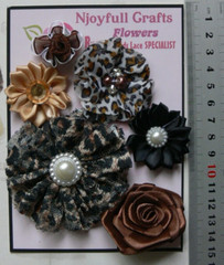 BROWN & GOLD 6 Flower Mix Organza Satin Lace Fabric 30-70mm Handmade NJC HMI-1