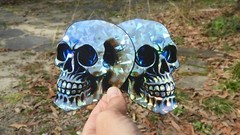 Pack of 2 – 4″ HOLOGRAPHIC Facing SKULLS Stickers BIG 4 inch skull STICKERS