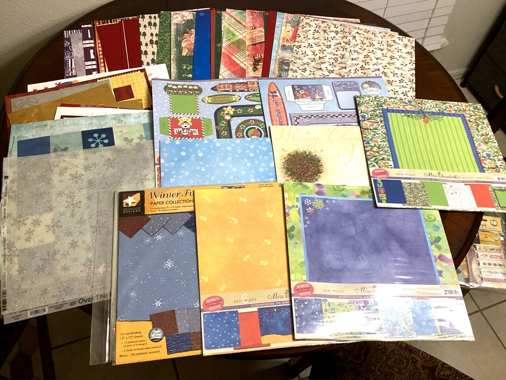 Scrapbooking Christmas 12 x 12 Paper Lot 121 Total +Extra Unopened Packs, Loose