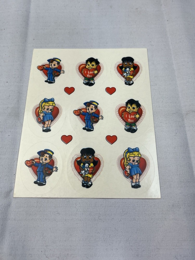 Valentine’s Day Vintage Sticker Sheet Little Girls Boys 1950’s Look Hearts Love