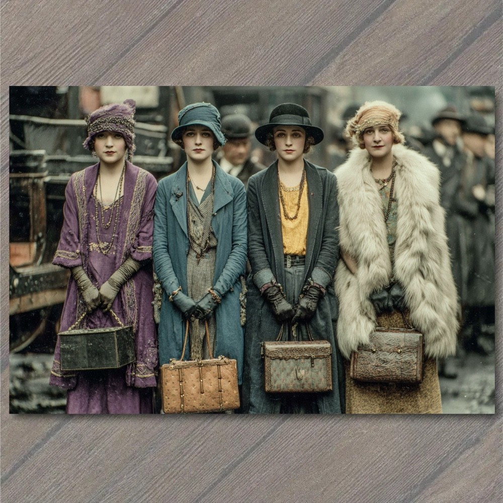 STICKER Flapper Women City Street Jazz Age Fashion Handbags Fur Coat Group