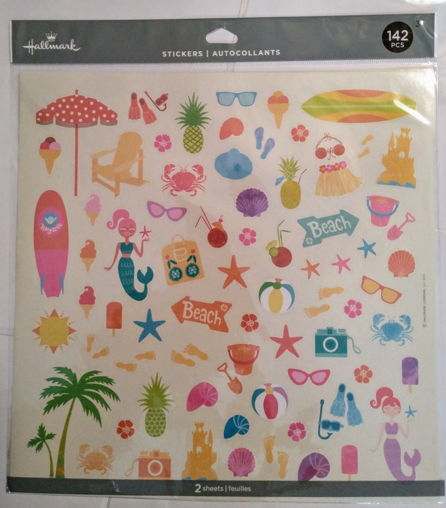 142 Beach Stickers ~ Hallmark ~ Seashells Mermaids Surfboard Ice Cream Palm Tree