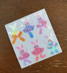 Vintage Sandylion sticker mod, Mother of Pearl dancing Bunnies Rabbits, unused