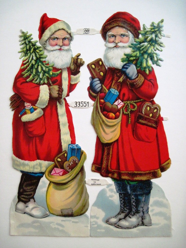 Large 1940-50’s Christmas PZB Die-Cut of Two Santa’s w/ Cookies – W.Germany*