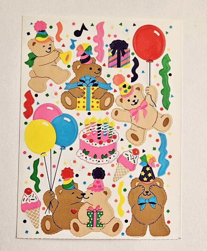 Vtg Sandylion Sticker Bears Birthday Party Kromekote VHTF balloons gifts cake
