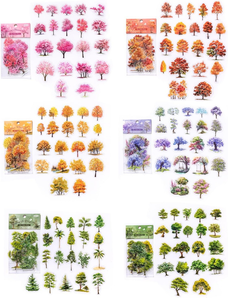 240Pcs Small Colorful Trees Stickers Assorted Set, 6 Packs Transparent Sakura M