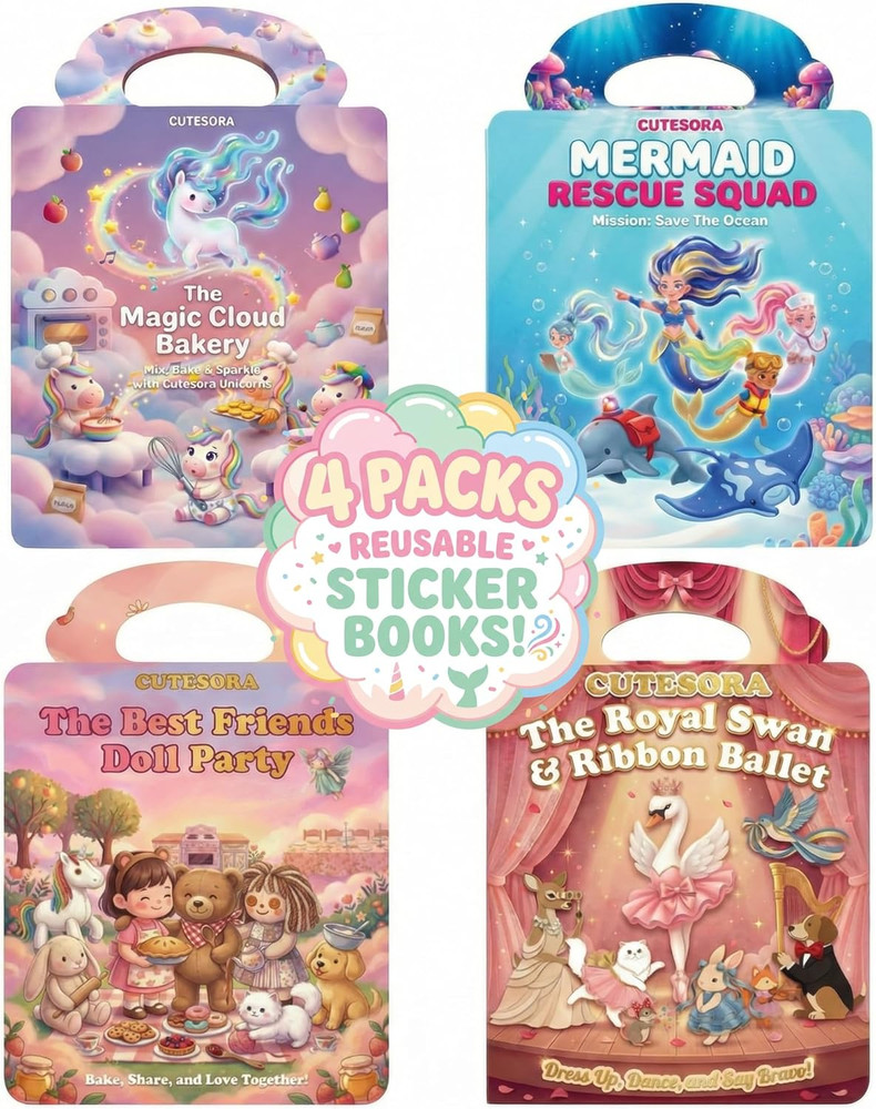 4 Sets of Reusable Sticker Books for Toddlers 2-4 Years, Ballet Unicorn & Doll T