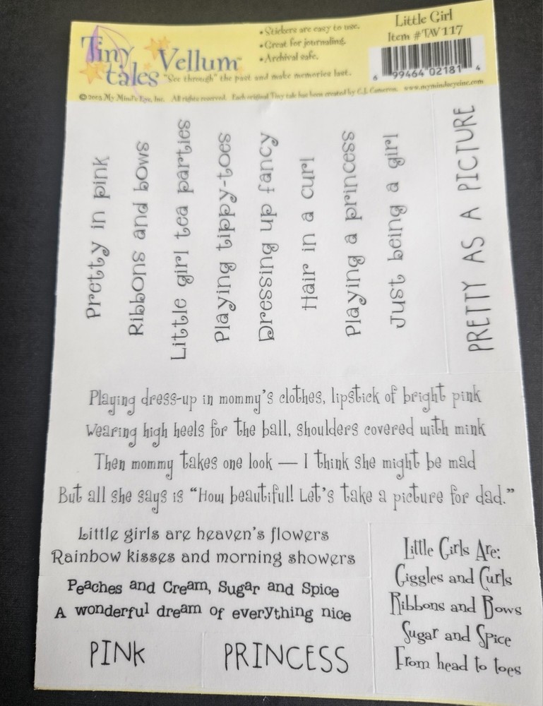 TINY TALES – VELLUM STICKERS – Little GIRL 5X7 inches