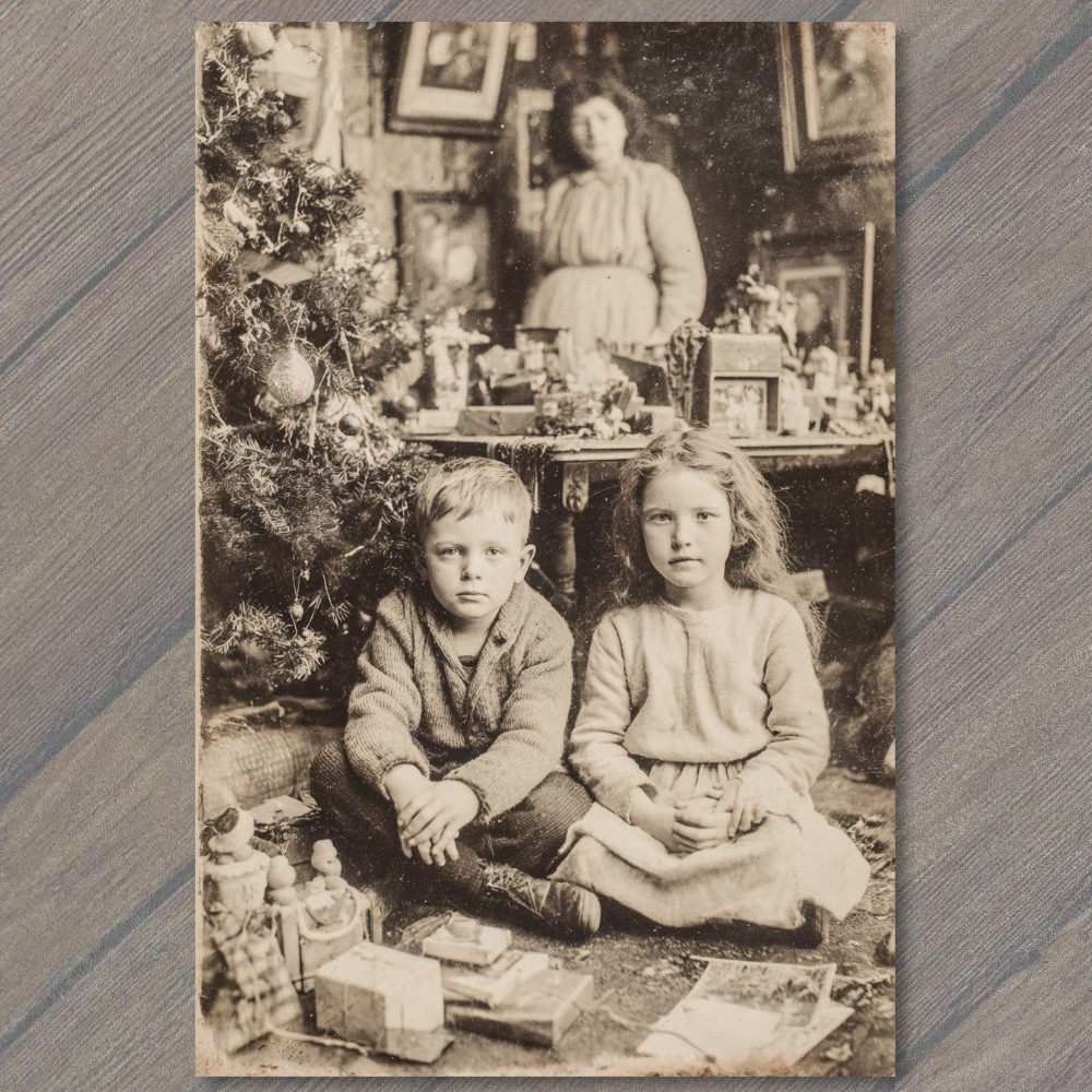 STICKER Creepy Christmas Children Tree Presents Antique Family Portrait