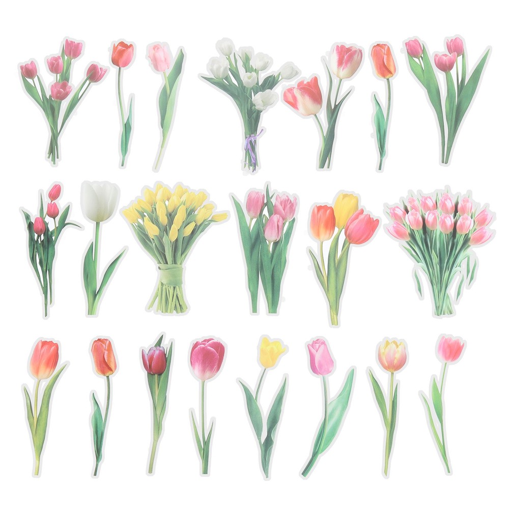 40 Sheet Clear Tulips Flower PET Sticker, Waterproof Flower Decal, Pink