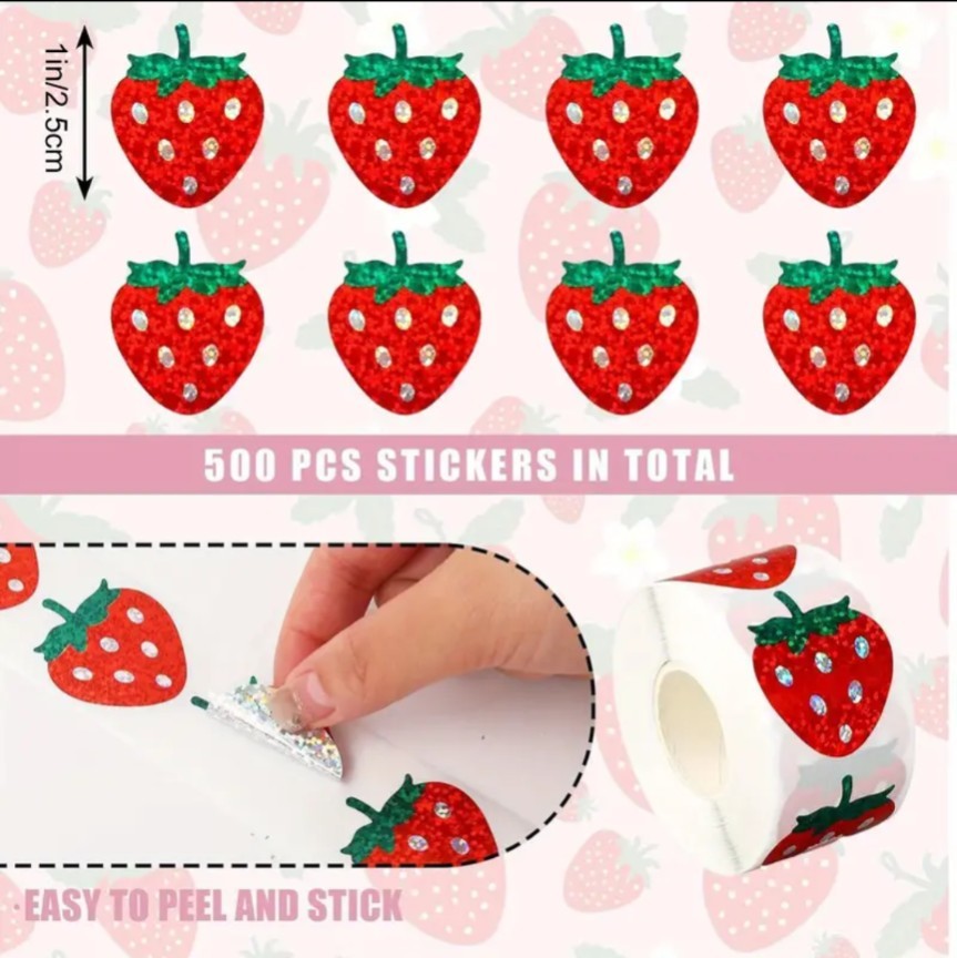 500 pcs Sticker Seals Roll Mini Sparkly Foil Strawberry 🍓 Self Adhesive NEW!!!