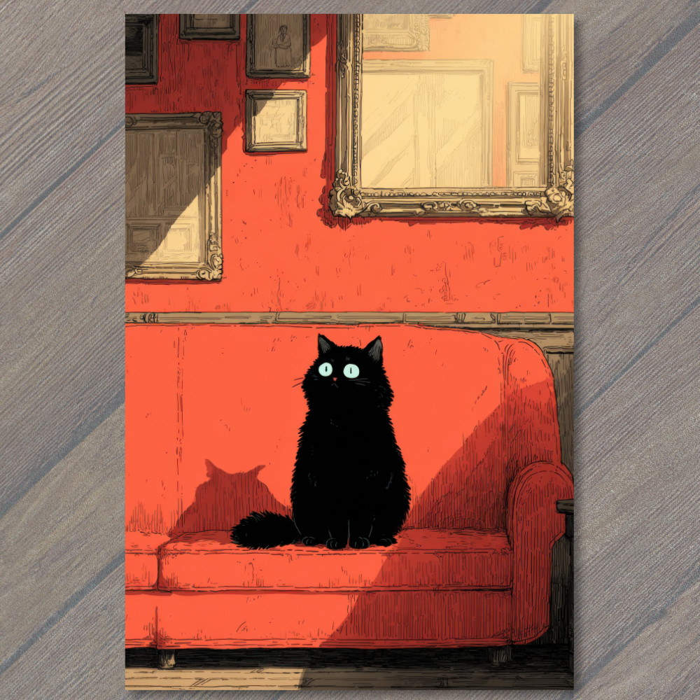 STICKER Black Cat Red Couch Framed Wall Quirky Minimal Retro Look