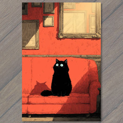 STICKER Black Cat Red Couch Framed Wall Quirky Minimal Retro Look